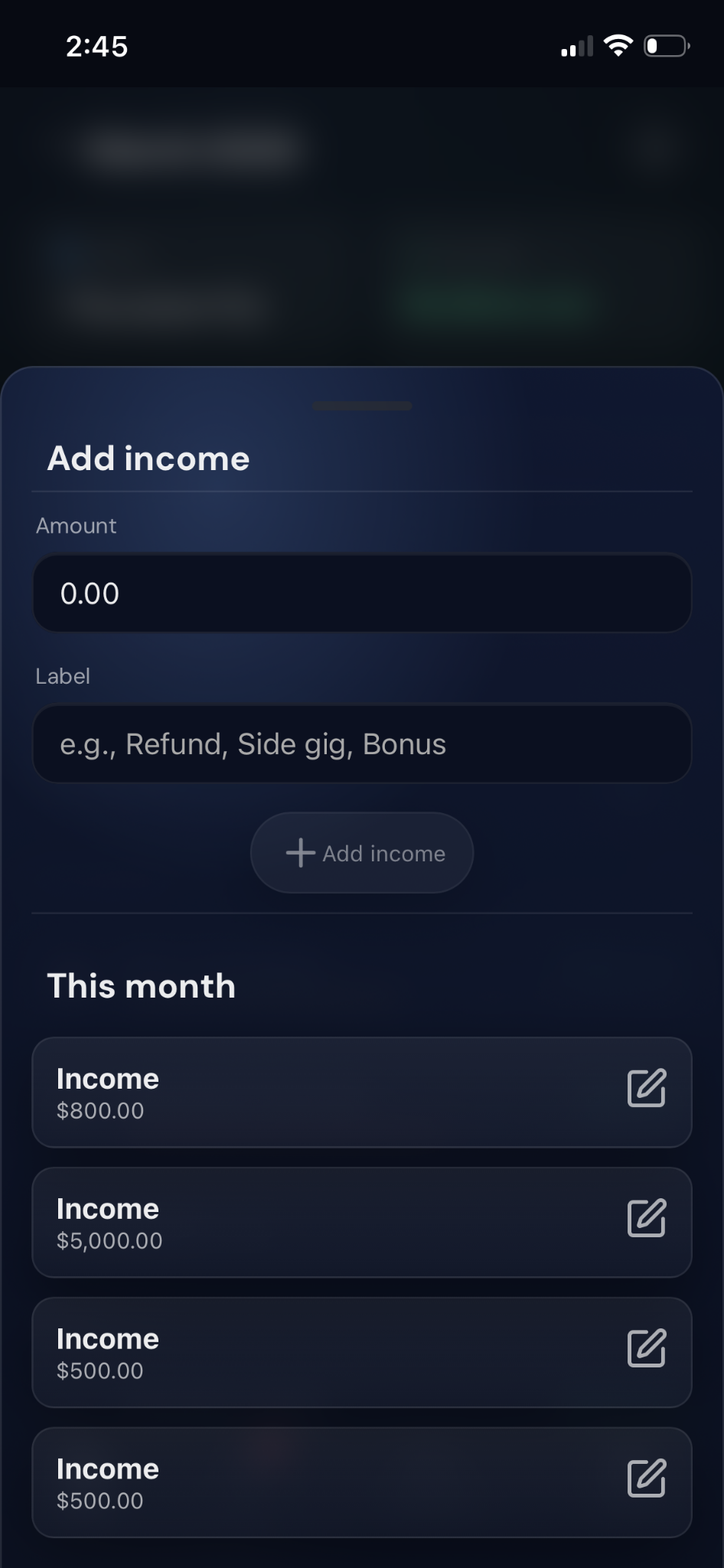 NeverZero add income sheet for manual income entries