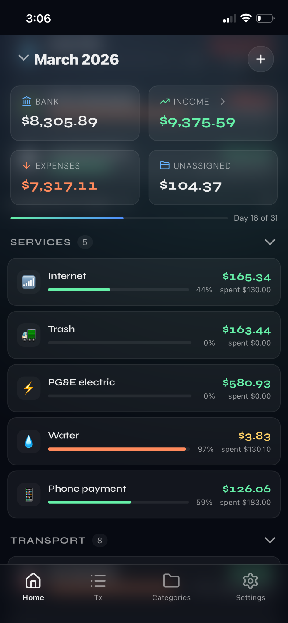 NeverZero category overview with available budget by category