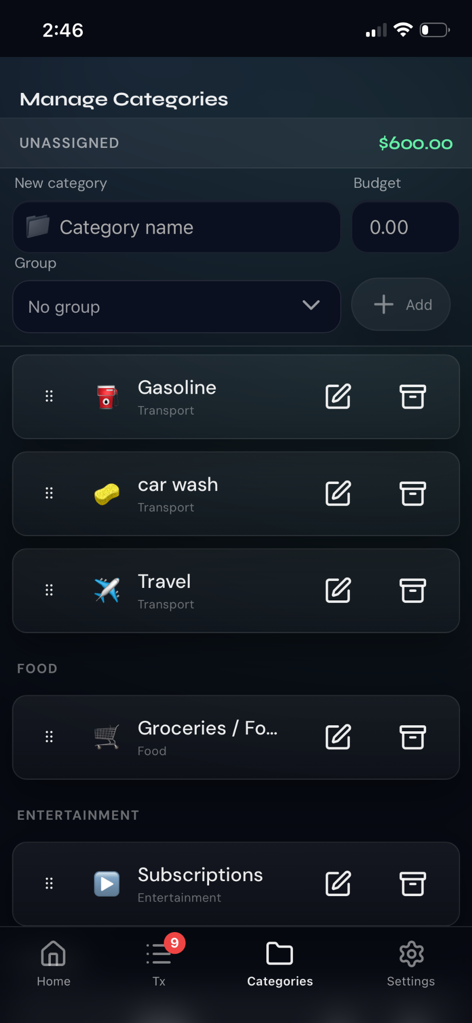 NeverZero manage categories screen for creating and editing budget categories