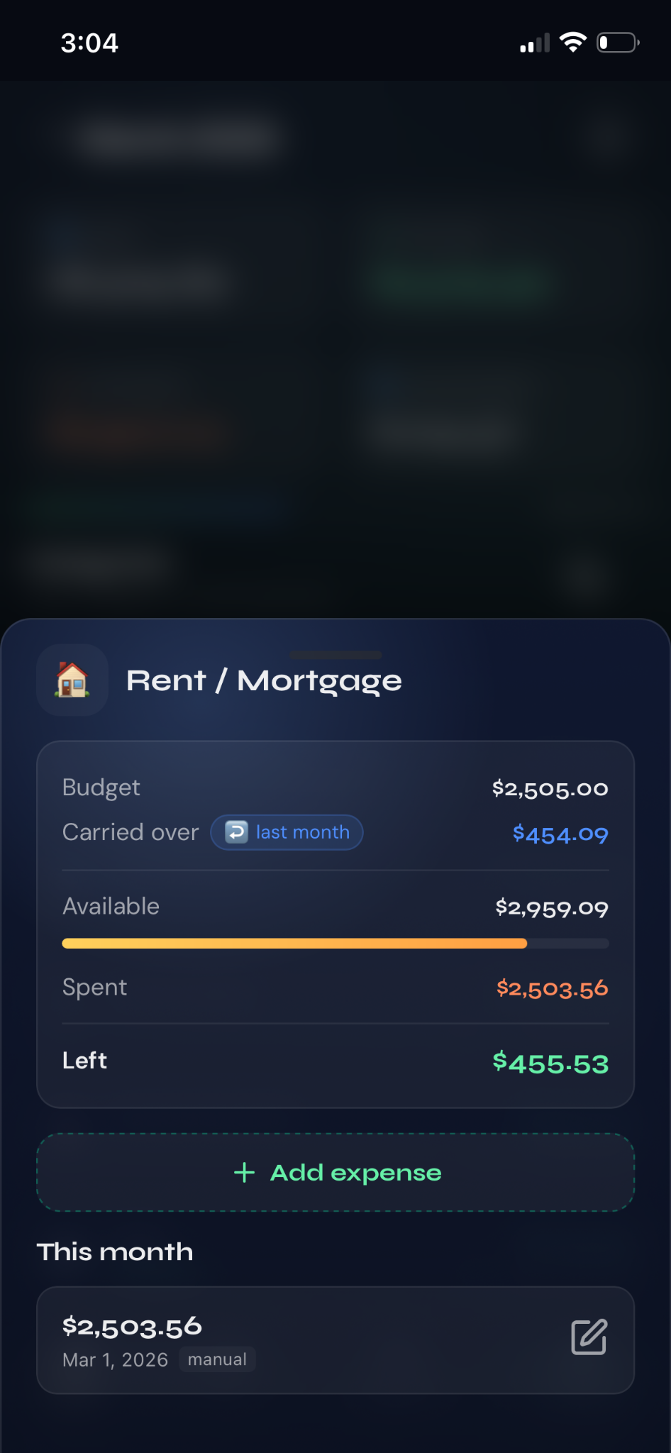 NeverZero category detail modal showing budget available spent and rollover amount