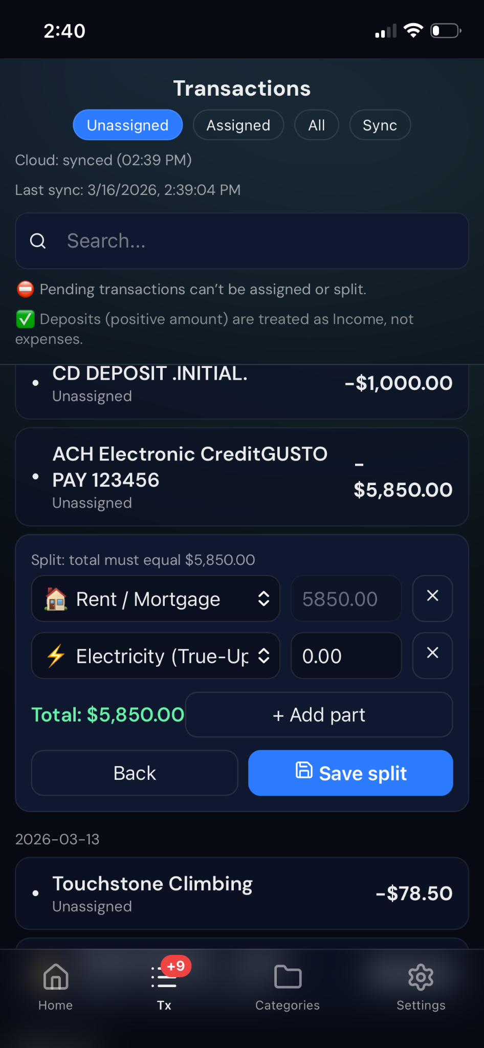 NeverZero transaction split screen assigning one transaction across multiple categories